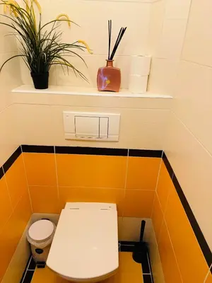 a bathroom with a toilet and a shelf with plants at Apartments by Jacob in Prague