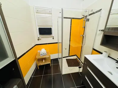 a bathroom with a shower and a sink at Apartments by Jacob in Prague