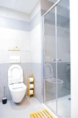 a bathroom with a toilet and a shower at Rentero MyMozart Apartments Prague in Prague