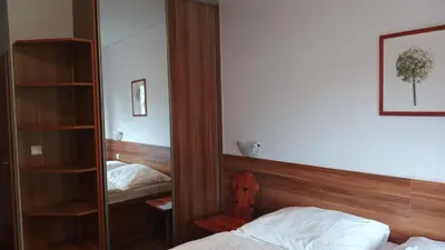 a bedroom with a mirror next to a bed at Ardilla in Lhota