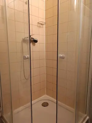a shower with a glass door in a bathroom at Ardilla in Lhota
