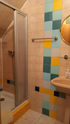 a bathroom with a shower and a sink at Ardilla in Lhota