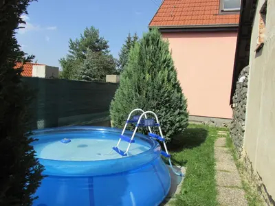 a large blue pool in a yard with trees at Chata Lucie pod Řípem in Roudnice nad Labem