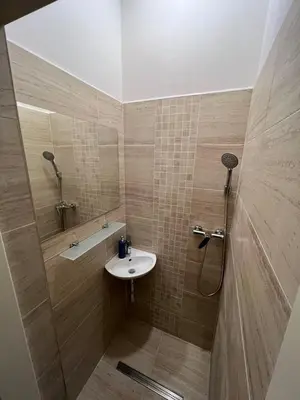a bathroom with a sink and a shower at Apartmány Soukenická in Prague