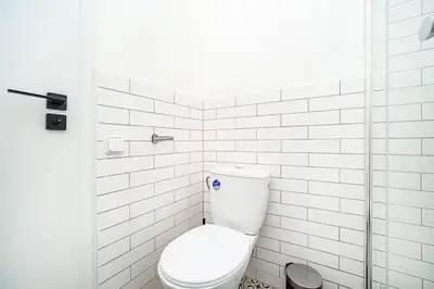 a white bathroom with a toilet and a shower at Cozy apartment in hipster area in Prague