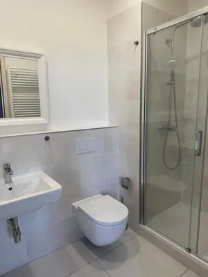 a bathroom with a shower and a toilet and a sink at Zámek Jenišovice in Býkev