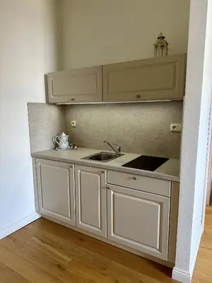 a kitchen with white cabinets and a sink at Zámek Jenišovice in Býkev