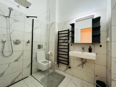 a bathroom with a toilet and a sink and a shower at SPA SPA Apartments Vyšehrad in Prague