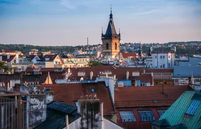 a view of a city with a clock tower at A/C LUX Rooftop APT 6BR+3.5Bath Wenceslas square in Prague