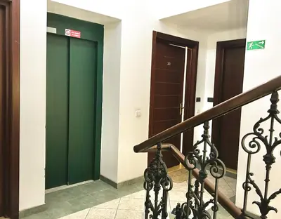 a hallway with two green doors in a building at Cosy central apartment in Žižkov in Prague