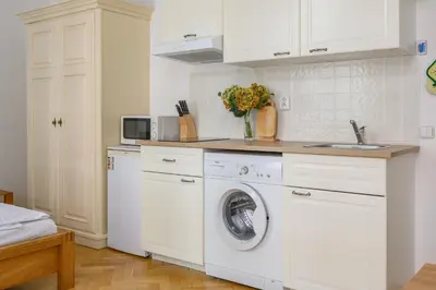 a white kitchen with a washing machine and a sink at Cosy central apartment in Žižkov in Prague