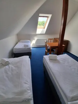 a bedroom with two beds and a table and a window at Marina Vltava in Nelahozeves