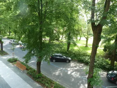 an aerial view of a parking lot with a car at Penzion Radost in Poděbrady