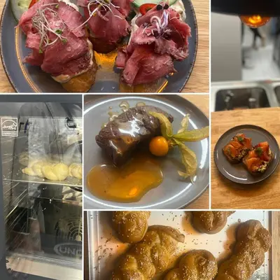 a collage of different pictures of food on plates at Penzion pod Hazmburkem in Klapý