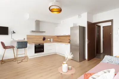 a kitchen and living room with a stainless steel refrigerator at Prague Days - Studio with Balcony in quiet and trendy Holešovice in Prague