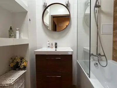 a bathroom with a sink and a mirror at Eva's Apartment Prague in Prague