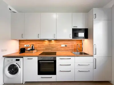 a kitchen with white cabinets and a sink and a dishwasher at Vila Vinice in Prague