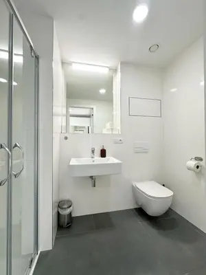a white bathroom with a sink and a toilet at Vila Vinice in Prague