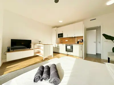 a large living room with a kitchen with white cabinets at Vila Vinice in Prague
