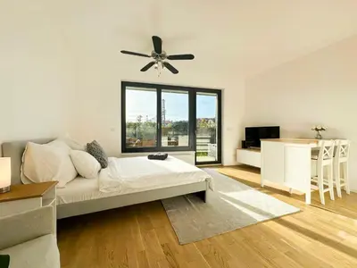 a living room with a bed and a ceiling fan at Vila Vinice in Prague