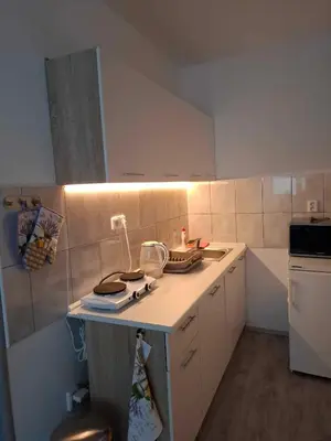 a small kitchen with a counter and a sink at Apartmán U vody in Županovice
