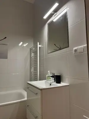 a bedroom with a black and white bed and a window at Modern flat in Central Prague in Prague