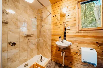 a bathroom with a sink and a toilet and a shower at CozyTiny house at lake with sauna in Řehenice