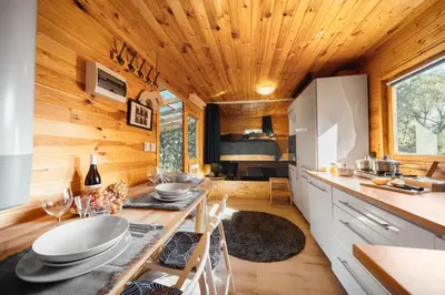a kitchen with wooden walls and a wooden ceiling at CozyTiny house at lake with sauna in Řehenice