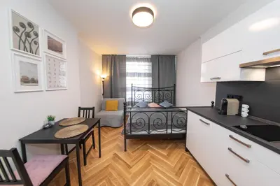 a kitchen and a living room with a kitchen and a dining room at Nekazanka studio apartment in Prague