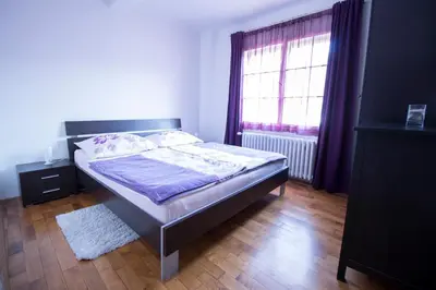 a bedroom with a bed and a window with purple curtains at Apartments Old Town Square 27 in Prague