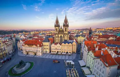 an aerial view of a building with a clock tower at Spacious apartments near the river Prague in Prague
