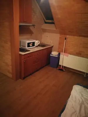 a small kitchen with a microwave on a counter at Villa Barrandovská in Prague