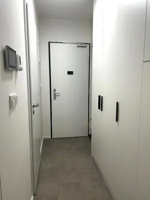 a hallway with a white door in a room at Mozart Apartments Prague in Prague