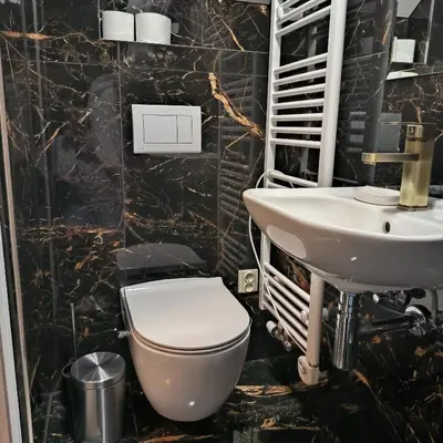 a bathroom with a toilet and a sink at LUBERT APARTMÁNY s.r.o in Prague