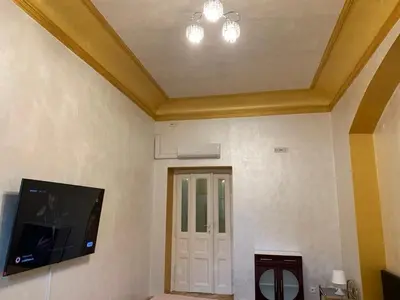 a room with a ceiling with a tv and a door at TDC33-boo in Prague