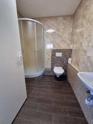 a bathroom with a shower and a toilet and a sink at Studio Carolina in Mratín