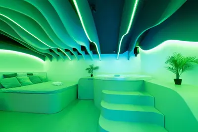 a green and white room with a bed and stairs at SPA SPA Legerova in Prague