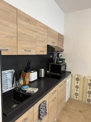 a kitchen with wooden cabinets and a black counter top at O2 Arena - Alex Apartment Praha in Prague