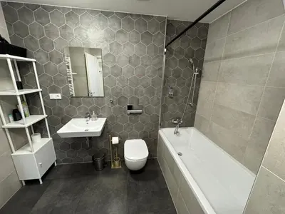 a bathroom with a sink and a toilet and a bath tub at O2 Arena - Alex Apartment Praha in Prague
