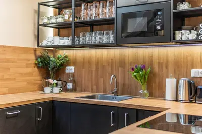 a kitchen with a sink and a microwave at Charles Bridge Historical APTs by Michal&Friends in Prague