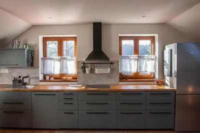 a kitchen with a refrigerator and a counter top at Pod Vojtěchem - soukromý wellness apartmán in Wotitz