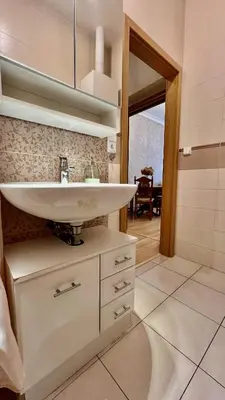 a bathroom with a white sink in a room at Stylish riverside apartment in Prague