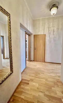 an empty room with a mirror and a hallway at Stylish riverside apartment in Prague
