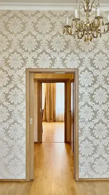 an empty room with a chandelier and a hallway at Stylish riverside apartment in Prague