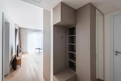 a room with a built in book shelf at Jay Apartments in Prague