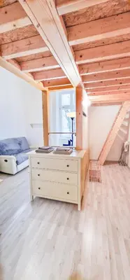 a bedroom with a bed and a dresser in a room at Cozy Karlín Loft City Center in Prague