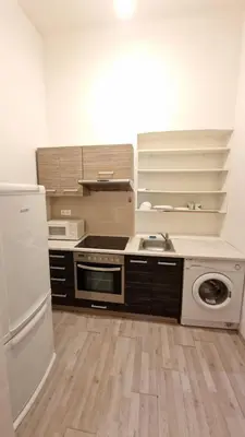 a kitchen with a white refrigerator and a dishwasher at Cozy Karlín Loft City Center in Prague