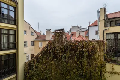 a wall covered in ivy with buildings in the background at Upscale apartments in prime location near all sights in Prague