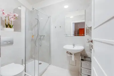 a white bathroom with a shower and a sink at Kafka Prague rooms in Prague