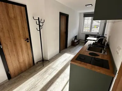 a kitchen with a stove and a wooden floor at Byt v rezidenční čtvrti Prahy 6 in Prague